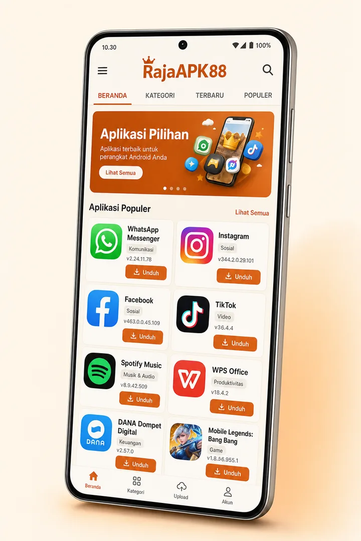 Beranda RajaAPK88 dengan grid Aplikasi Pilihan.